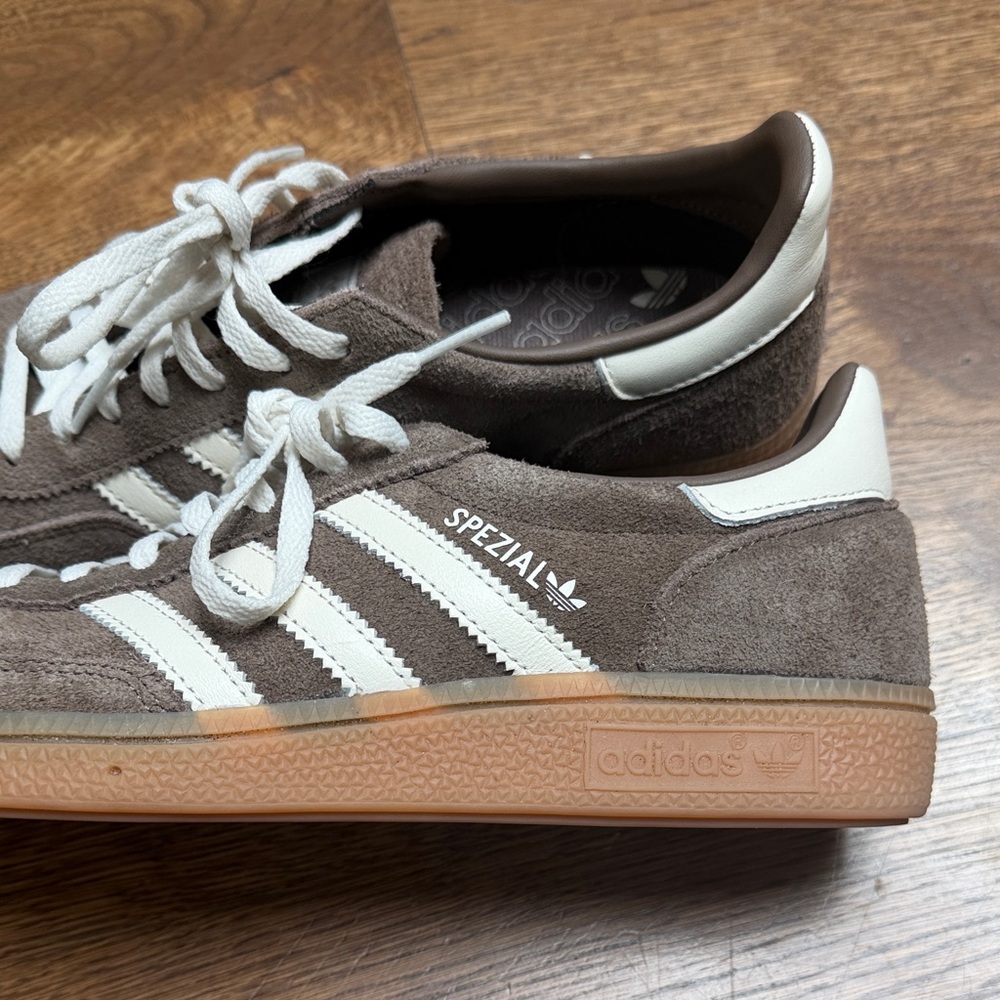 adidas Handball Spezial Suede Sneakers in Brown with Cream Stripes and Gum Sole - Picture 7 of 8